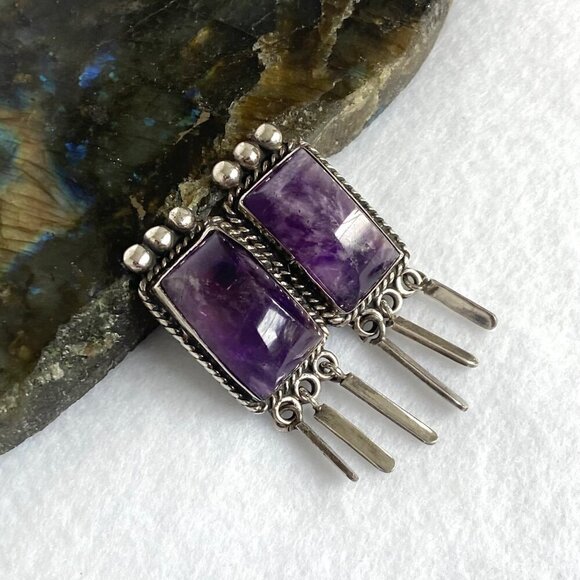 VTG Sterling Silver 925 Mexico Bezel Set Loaf Faceted Double Amethyst Brooch - Picture 3 of 16